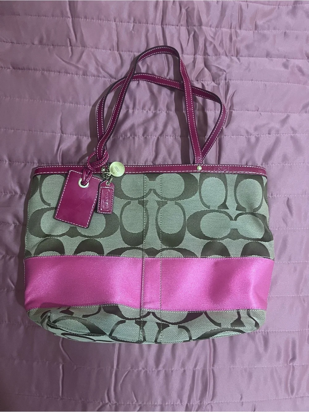 COACH Khaki & Pink Signature Stripe Tote